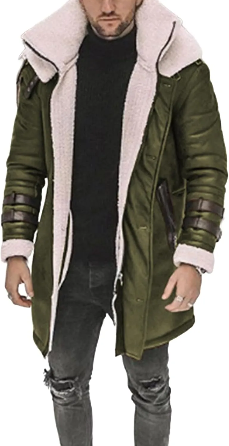 Thatrich Mens Faux Leather Fur Jacket Sherpa Lined Coat Long Fleece Shearling Coats Jackets Winter Warm Bomber Jacket Outwear
