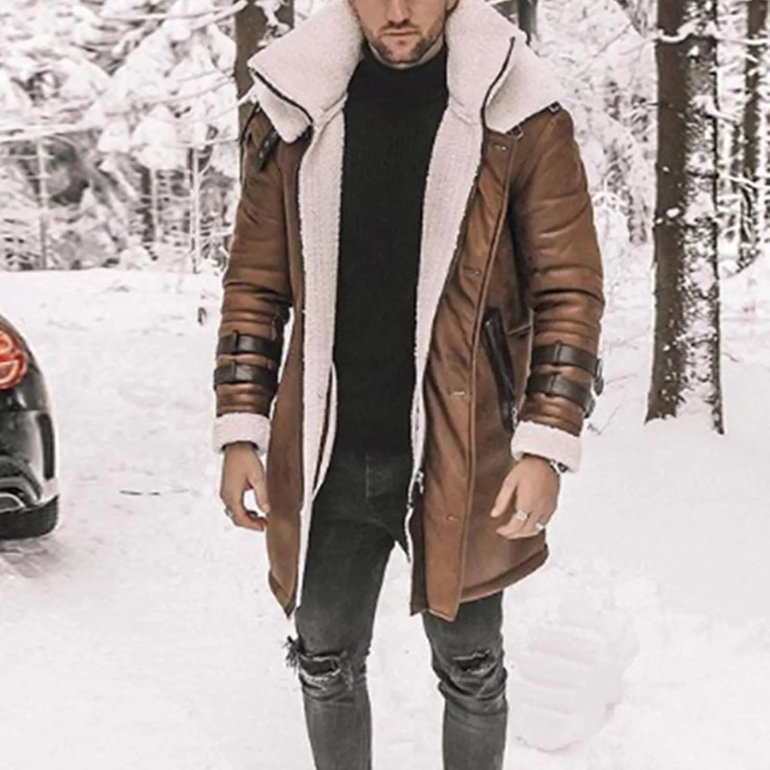 Thatrich Mens Faux Leather Fur Jacket Sherpa Lined Coat Long Fleece Shearling Coats Jackets Winter Warm Bomber Jacket Outwear