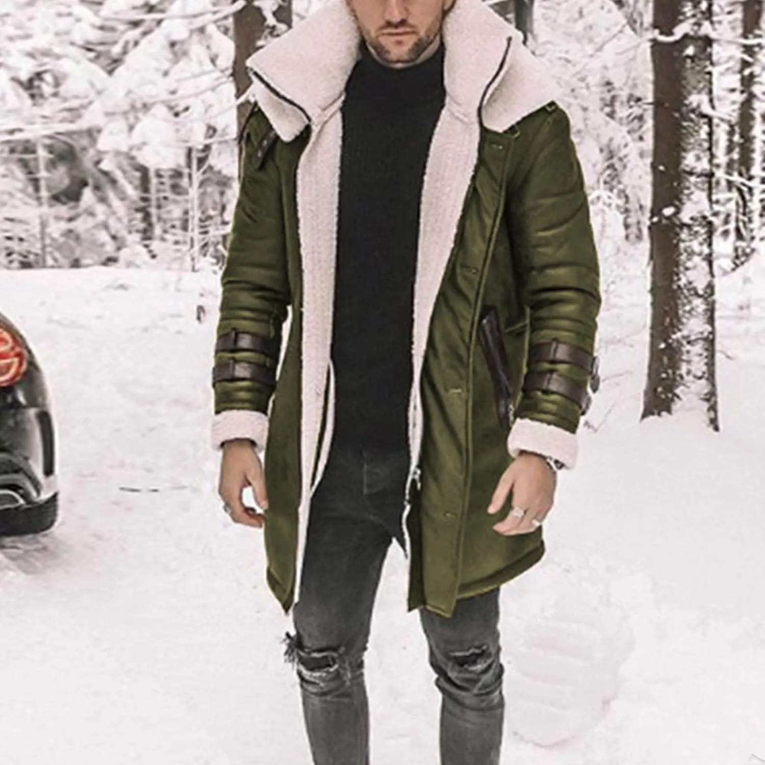 Thatrich Mens Faux Leather Fur Jacket Sherpa Lined Coat Long Fleece Shearling Coats Jackets Winter Warm Bomber Jacket Outwear