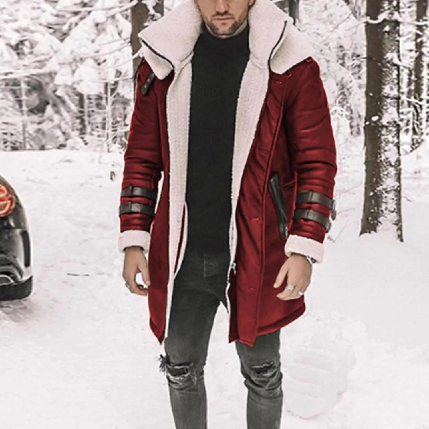 Thatrich Mens Faux Leather Fur Jacket Sherpa Lined Coat Long Fleece Shearling Coats Jackets Winter Warm Bomber Jacket Outwear