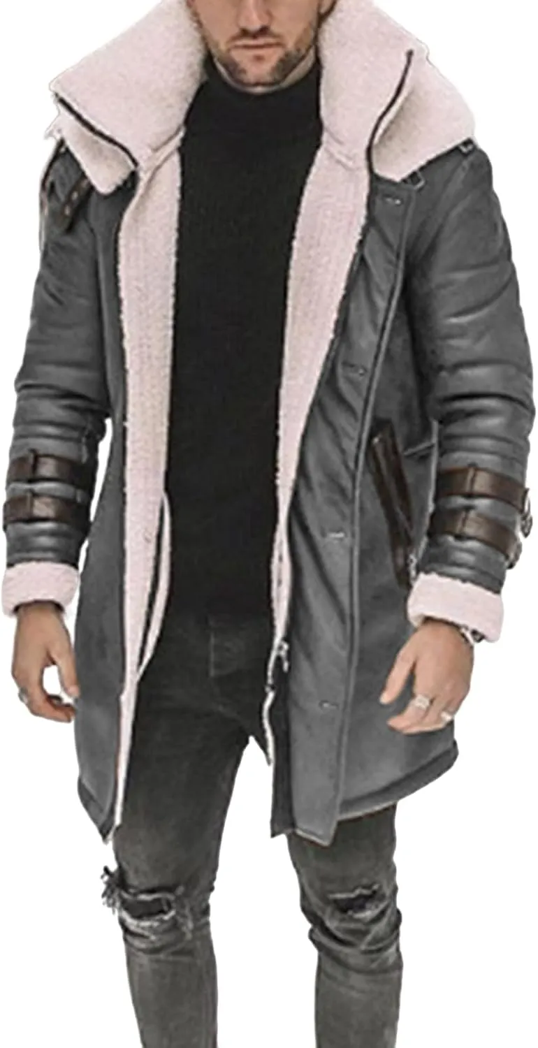 Thatrich Mens Faux Leather Fur Jacket Sherpa Lined Coat Long Fleece Shearling Coats Jackets Winter Warm Bomber Jacket Outwear