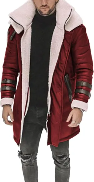 Thatrich Mens Faux Leather Fur Jacket Sherpa Lined Coat Long Fleece Shearling Coats Jackets Winter Warm Bomber Jacket Outwear