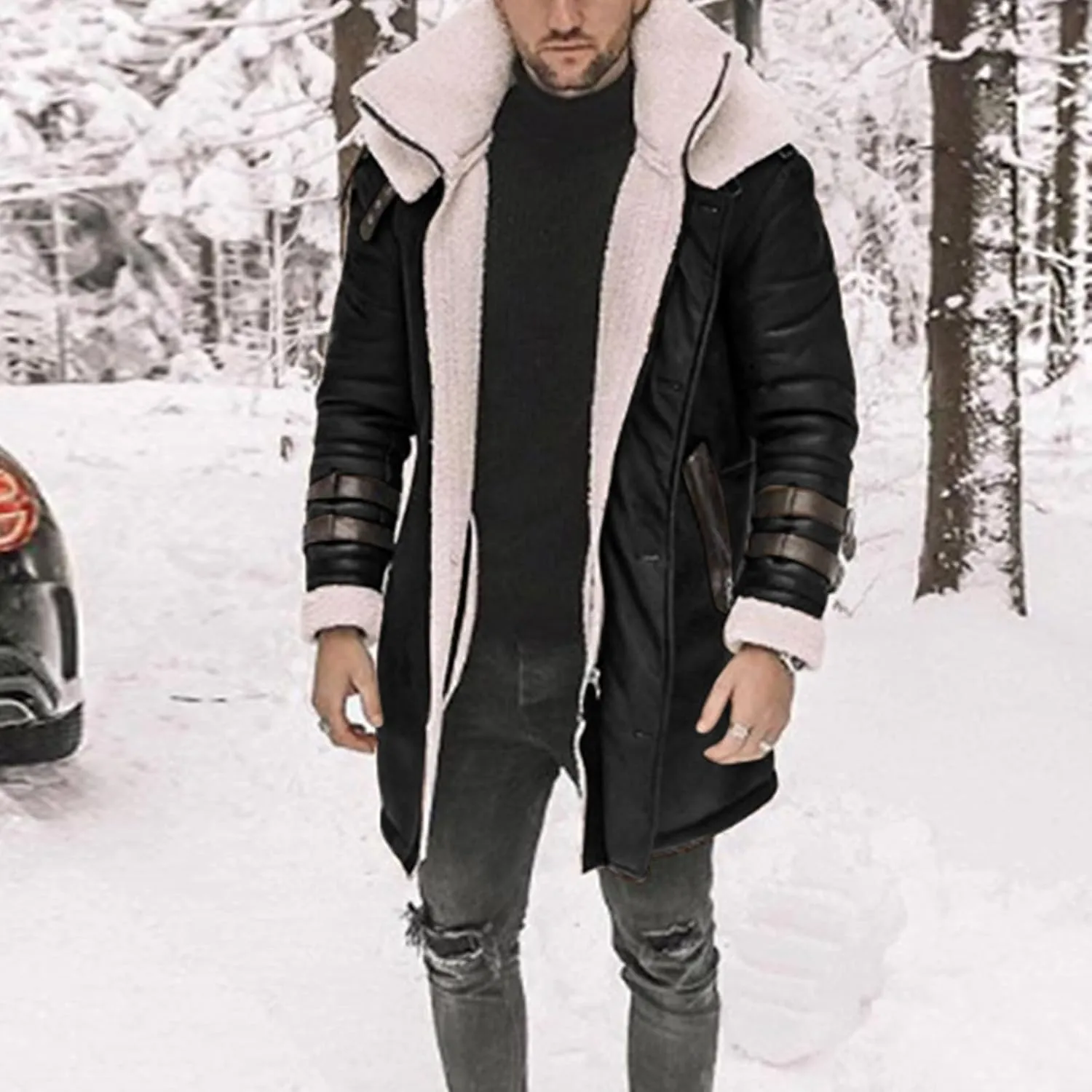 Thatrich Mens Faux Leather Fur Jacket Sherpa Lined Coat Long Fleece Shearling Coats Jackets Winter Warm Bomber Jacket Outwear