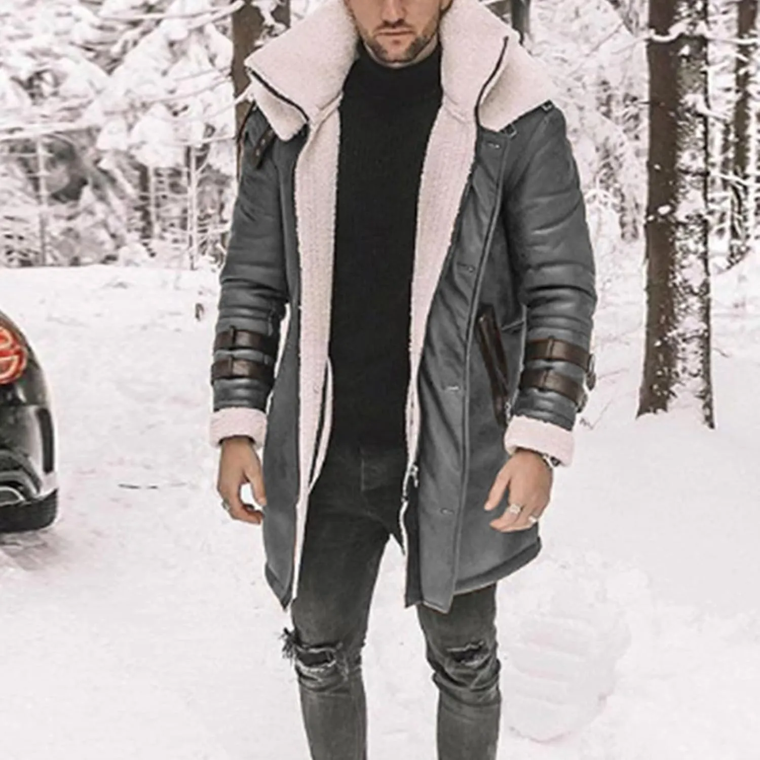 Thatrich Mens Faux Leather Fur Jacket Sherpa Lined Coat Long Fleece Shearling Coats Jackets Winter Warm Bomber Jacket Outwear