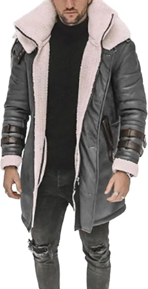 Thatrich Mens Faux Leather Fur Jacket Sherpa Lined Coat Long Fleece Shearling Coats Jackets Winter Warm Bomber Jacket Outwear