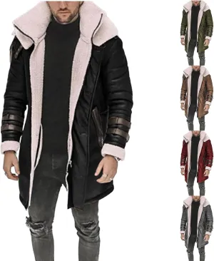 Thatrich Mens Faux Leather Fur Jacket Sherpa Lined Coat Long Fleece Shearling Coats Jackets Winter Warm Bomber Jacket Outwear