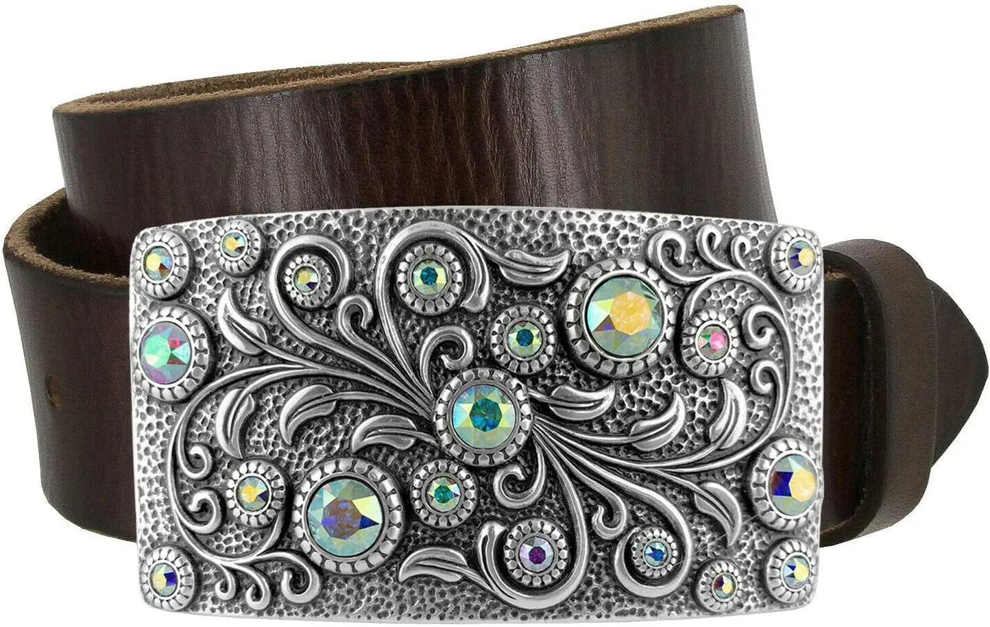Timeless Tranquility Rhinestone Crystal Floral Buckle Genuine Leather Belt 1-1/2"(38mm) Wide