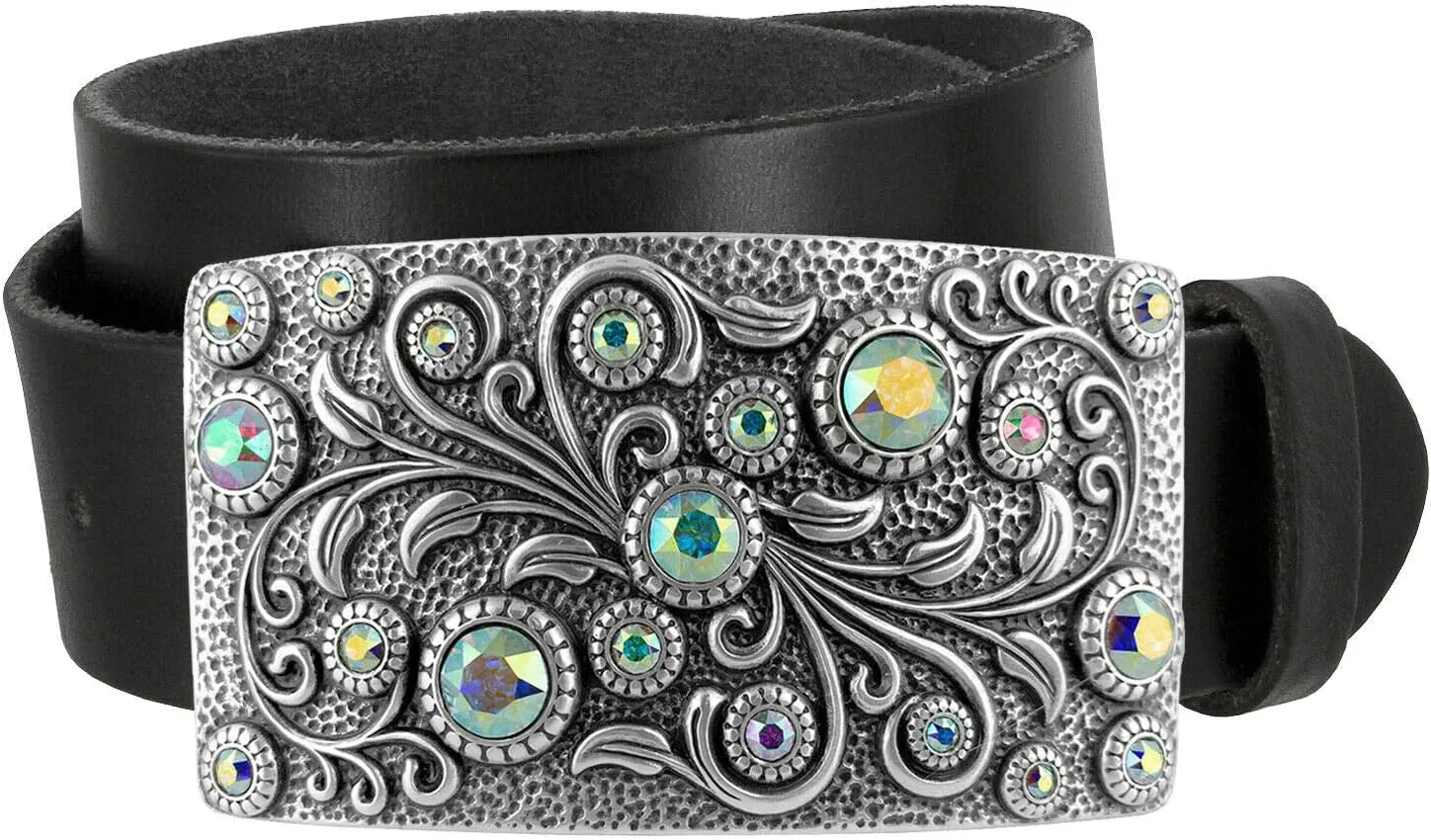 Timeless Tranquility Rhinestone Crystal Floral Buckle Genuine Leather Belt 1-1/2"(38mm) Wide