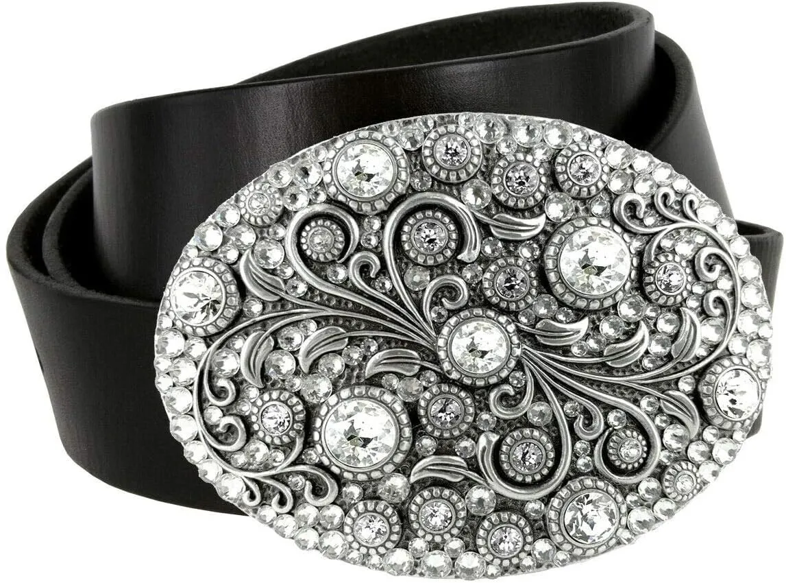 Timeless Tranquility Rhinestone Crystal Floral Buckle Genuine Leather Belt 1-1/2"(38mm) Wide