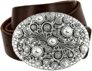 Timeless Tranquility Rhinestone Crystal Floral Buckle Genuine Leather Belt 1-1/2"(38mm) Wide