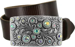 Timeless Tranquility Rhinestone Crystal Floral Buckle Genuine Leather Belt 1-1/2"(38mm) Wide