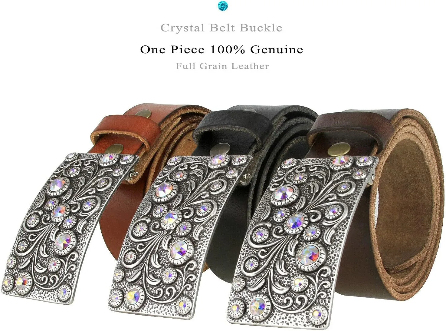 Timeless Tranquility Rhinestone Crystal Floral Buckle Genuine Leather Belt 1-1/2"(38mm) Wide
