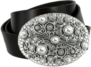 Timeless Tranquility Rhinestone Crystal Floral Buckle Genuine Leather Belt 1-1/2"(38mm) Wide