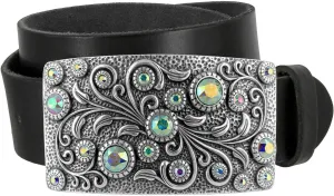 Timeless Tranquility Rhinestone Crystal Floral Buckle Genuine Leather Belt 1-1/2"(38mm) Wide