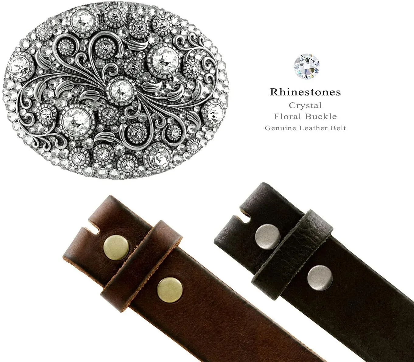 Timeless Tranquility Rhinestone Crystal Floral Buckle Genuine Leather Belt 1-1/2"(38mm) Wide