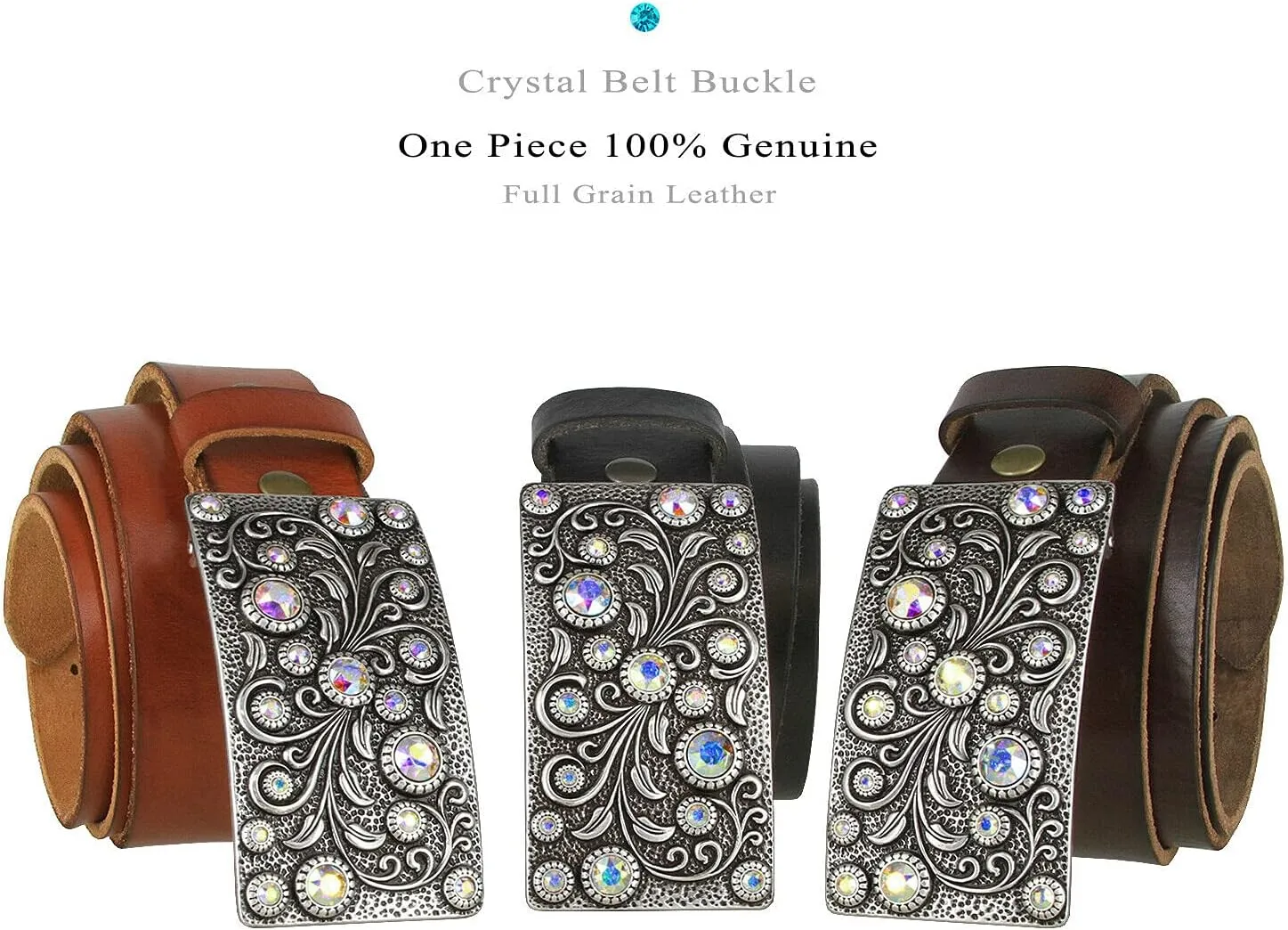 Timeless Tranquility Rhinestone Crystal Floral Buckle Genuine Leather Belt 1-1/2"(38mm) Wide