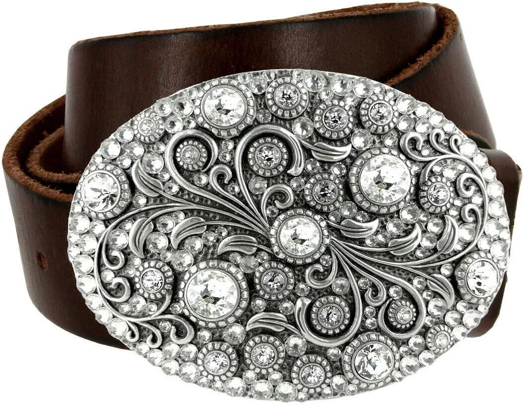 Timeless Tranquility Rhinestone Crystal Floral Buckle Genuine Leather Belt 1-1/2"(38mm) Wide