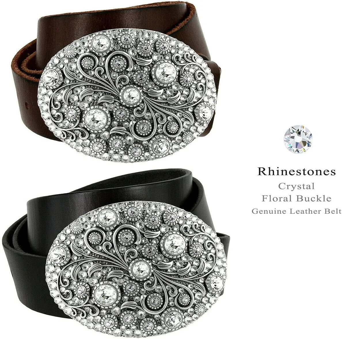 Timeless Tranquility Rhinestone Crystal Floral Buckle Genuine Leather Belt 1-1/2"(38mm) Wide