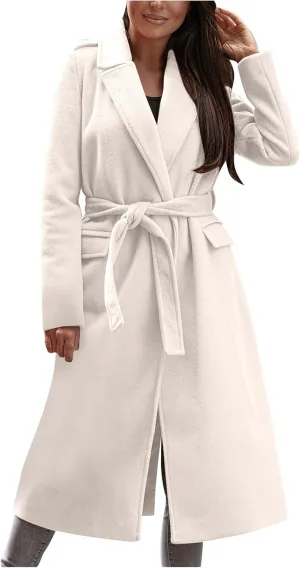 Trench Coats for Women Faux Wool Coats Windproof Classic Lapel Winter Coat with Belt Overcoat Long Trench Coat Parka