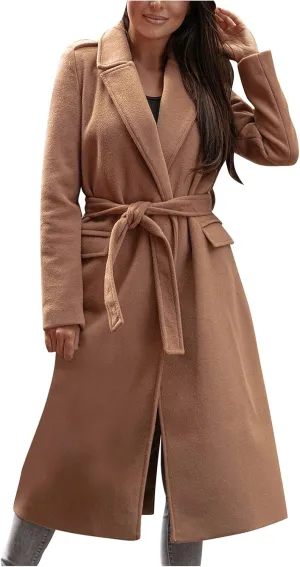 Trench Coats for Women Faux Wool Coats Windproof Classic Lapel Winter Coat with Belt Overcoat Long Trench Coat Parka