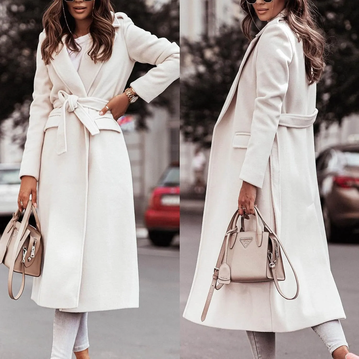 Trench Coats for Women Faux Wool Coats Windproof Classic Lapel Winter Coat with Belt Overcoat Long Trench Coat Parka