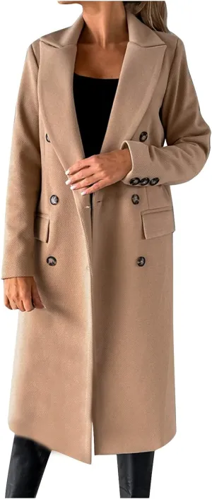 Trench Coats for Women Faux Wool Coats Windproof Classic Lapel Winter Coat with Belt Overcoat Long Trench Coat Parka