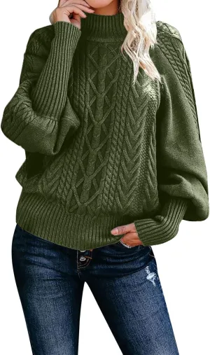 Turtleneck Sweater for Women Oversized Pullover Sweaters Cable Knit Batwing Long Sleeve Loose Fit Chunky Jumper Tops