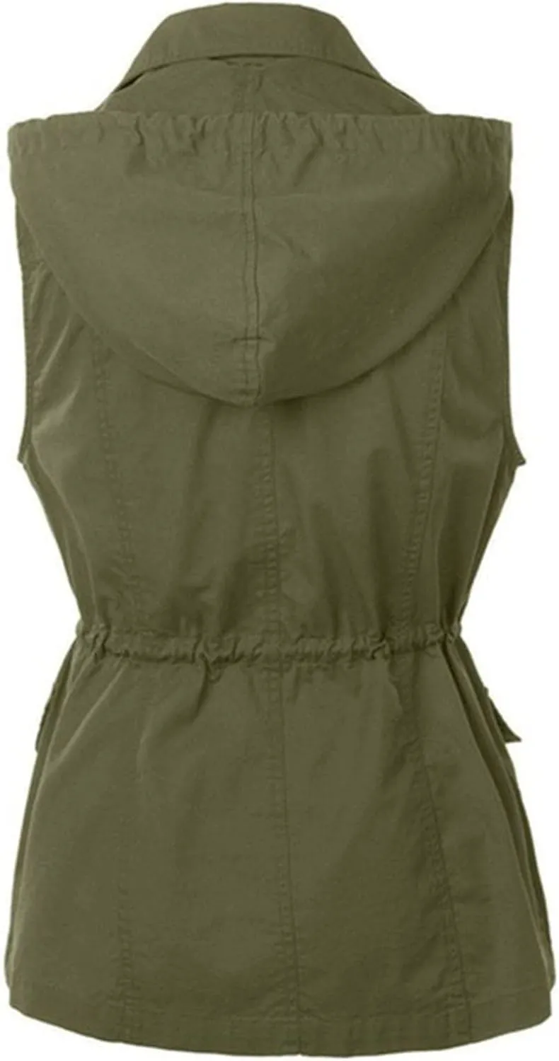 Utility Vest for Women Sleeveless High Neck Button Up Plain Shacket Jacket Hooded Coat With Pocket With Hood Stand-up Collar