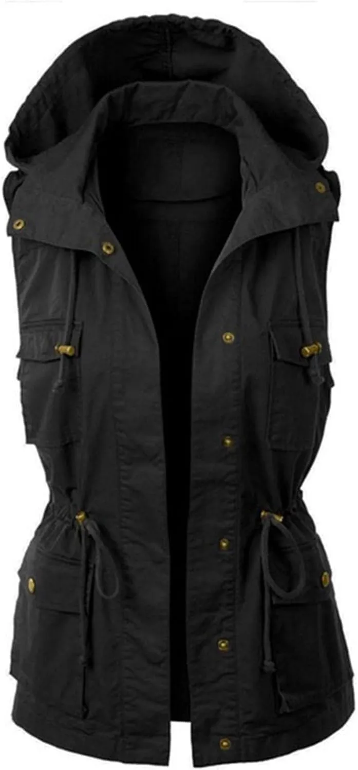 Utility Vest for Women Sleeveless High Neck Button Up Plain Shacket Jacket Hooded Coat With Pocket With Hood Stand-up Collar
