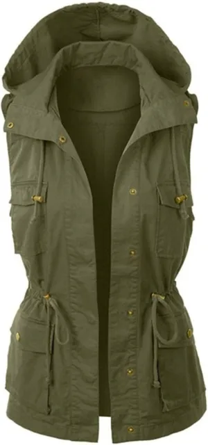 Utility Vest for Women Sleeveless High Neck Button Up Plain Shacket Jacket Hooded Coat With Pocket With Hood Stand-up Collar
