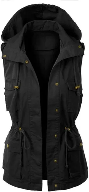 Utility Vest for Women Sleeveless High Neck Button Up Plain Shacket Jacket Hooded Coat With Pocket With Hood Stand-up Collar