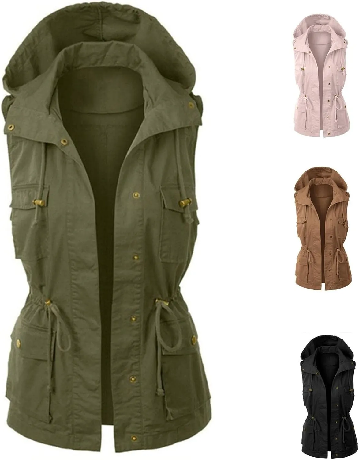Utility Vest for Women Sleeveless High Neck Button Up Plain Shacket Jacket Hooded Coat With Pocket With Hood Stand-up Collar