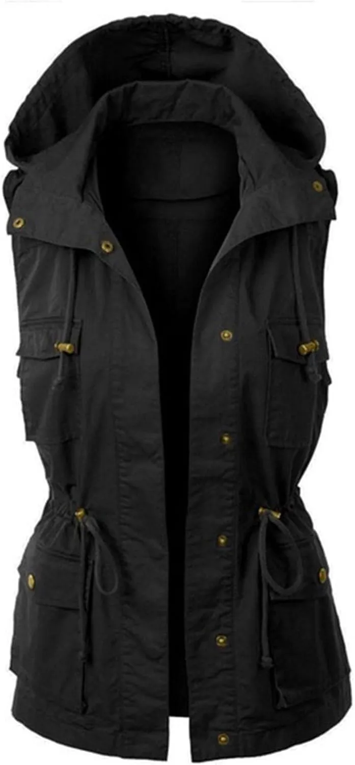 Utility Vest for Women Sleeveless High Neck Button Up Plain Shacket Jacket Hooded Coat With Pocket With Hood Stand-up Collar