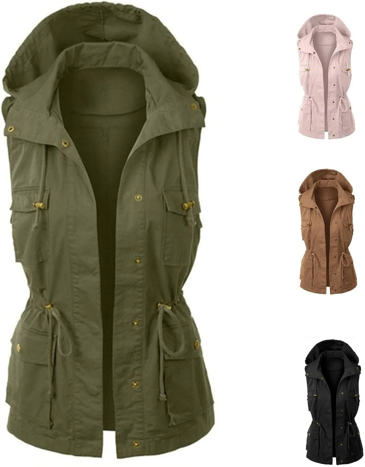 Utility Vest for Women Sleeveless High Neck Button Up Plain Shacket Jacket Hooded Coat With Pocket With Hood Stand-up Collar