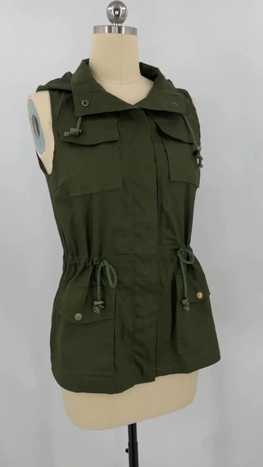 Utility Vest for Women Sleeveless High Neck Button Up Plain Shacket Jacket Hooded Coat With Pocket With Hood Stand-up Collar