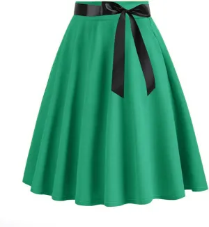 Vintage High Waist A Line Skirt for Women Retro Swing Midi Skirts with Satin Bow Elegant Tea Skirt