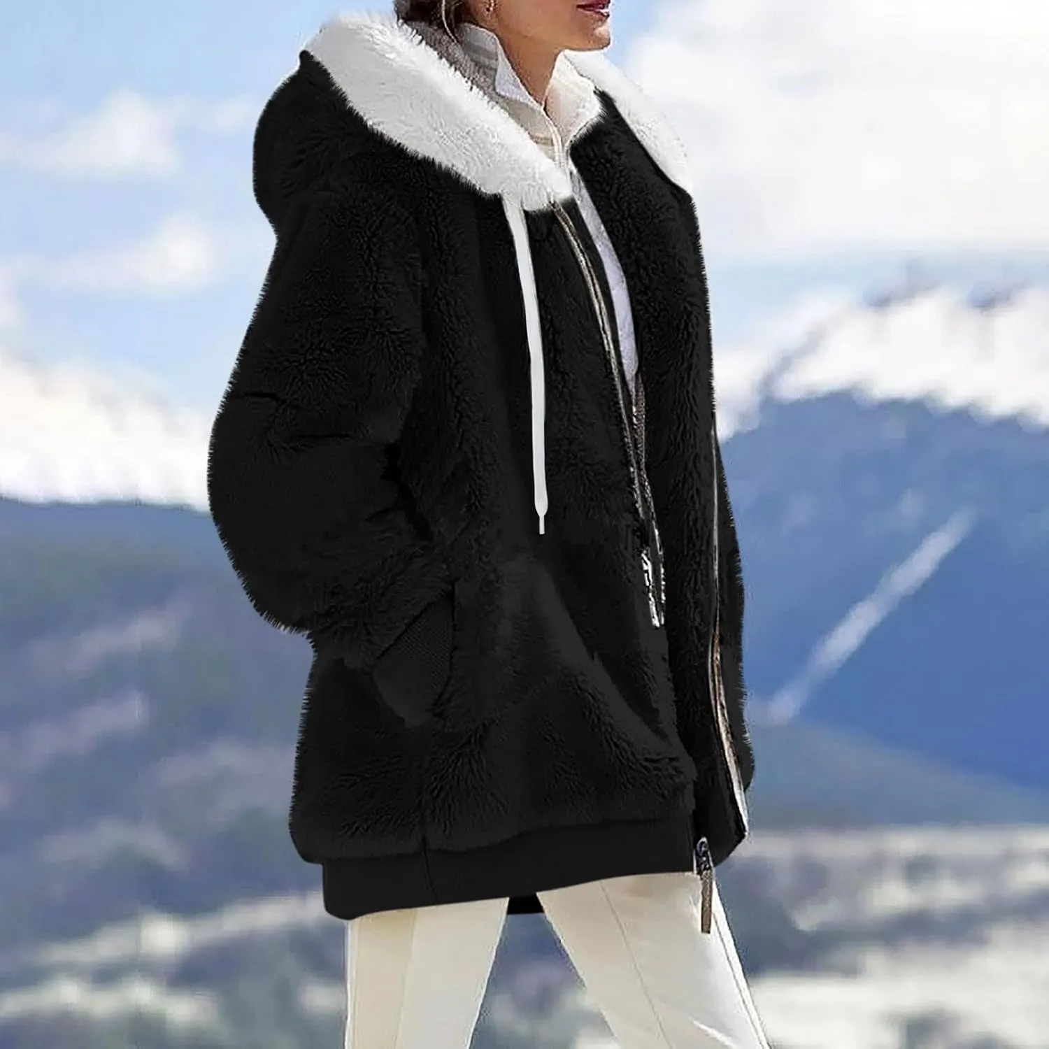 Winter Coats for Women Fuzzy Fleece Jacket Zipper Hooded Color Block Patchwork Cardigan Sherpa Outerwear with Pocket