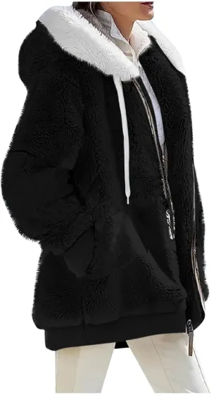 Winter Coats for Women Fuzzy Fleece Jacket Zipper Hooded Color Block Patchwork Cardigan Sherpa Outerwear with Pocket