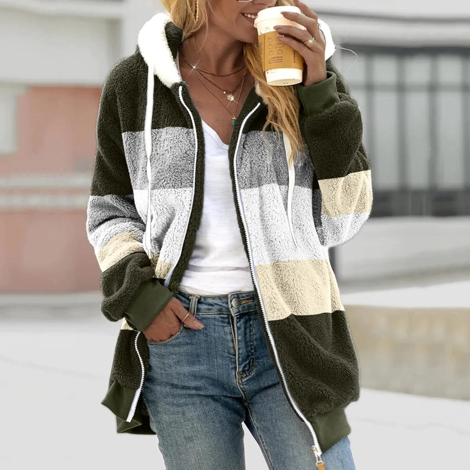 Winter Coats for Women,Fuzzy Fleece Jacket Hooded Color Block Patchwork Cardigan Coats Outerwear with Pockets
