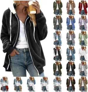 Winter Coats for Women,Fuzzy Fleece Jacket Hooded Color Block Patchwork Cardigan Coats Outerwear with Pockets