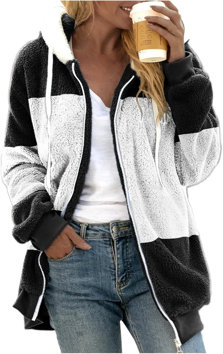Winter Coats for Women,Fuzzy Fleece Jacket Hooded Color Block Patchwork Cardigan Coats Outerwear with Pockets