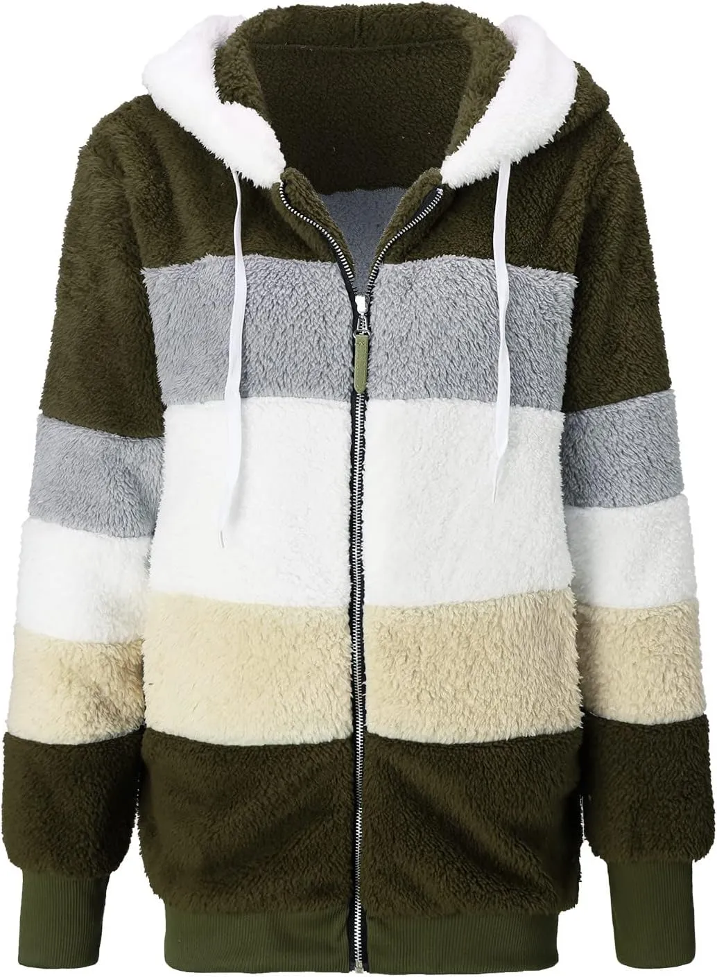 Winter Coats for Women,Fuzzy Fleece Jacket Hooded Color Block Patchwork Cardigan Coats Outerwear with Pockets