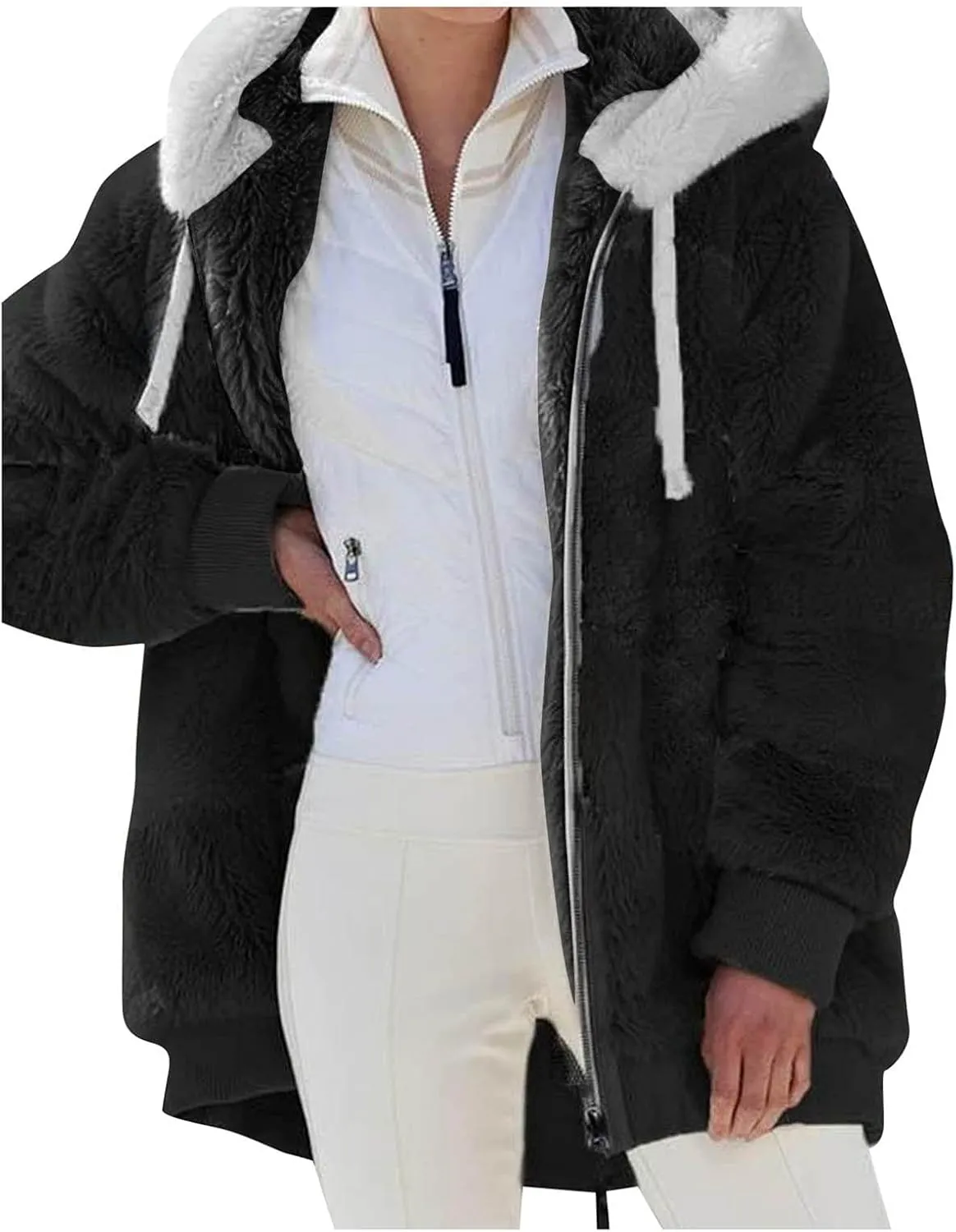 Winter Coats for Women,Fuzzy Fleece Jacket Hooded Color Block Patchwork Cardigan Coats Outerwear with Pockets