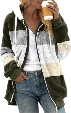 Winter Coats for Women,Fuzzy Fleece Jacket Hooded Color Block Patchwork Cardigan Coats Outerwear with Pockets