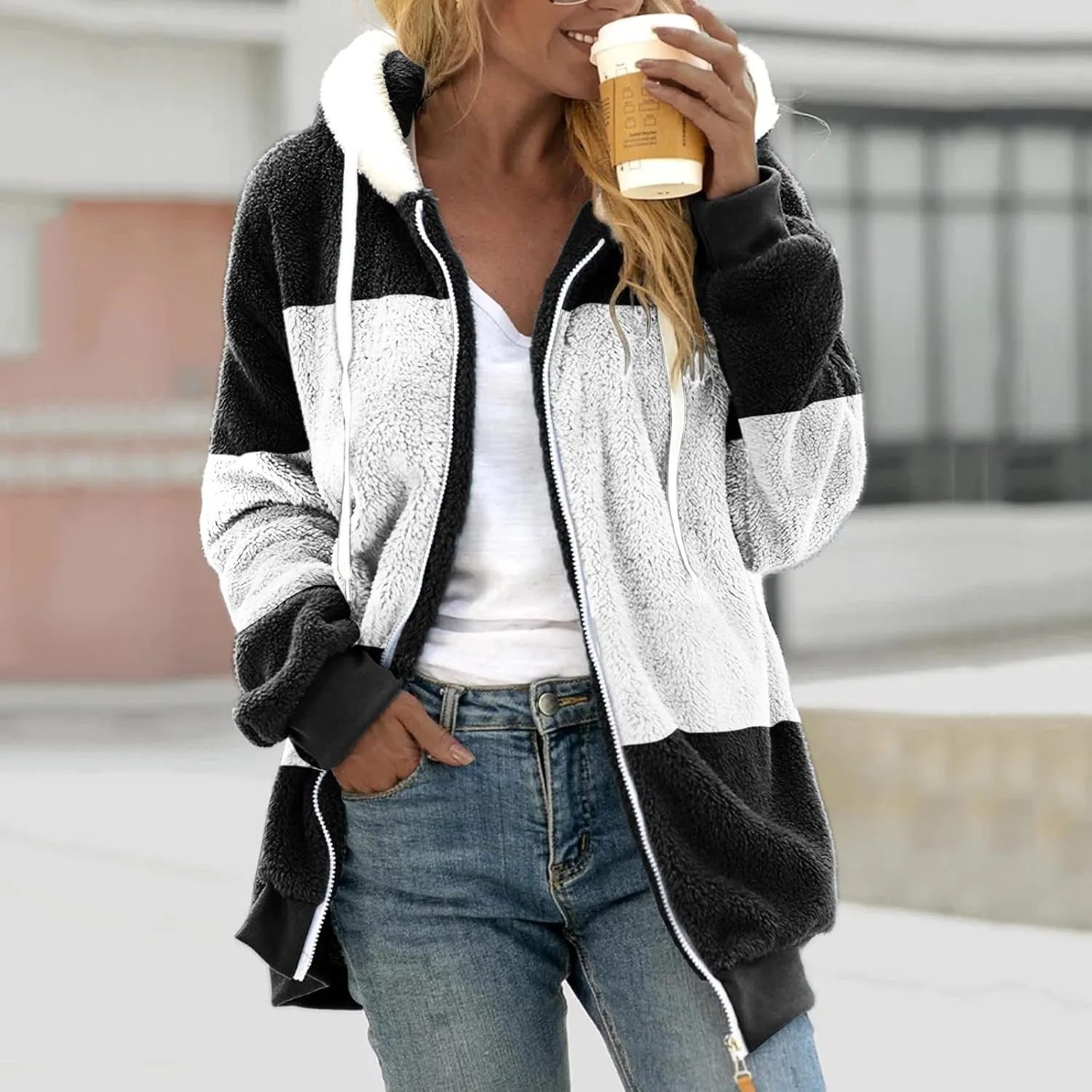 Winter Coats for Women,Fuzzy Fleece Jacket Hooded Color Block Patchwork Cardigan Coats Outerwear with Pockets