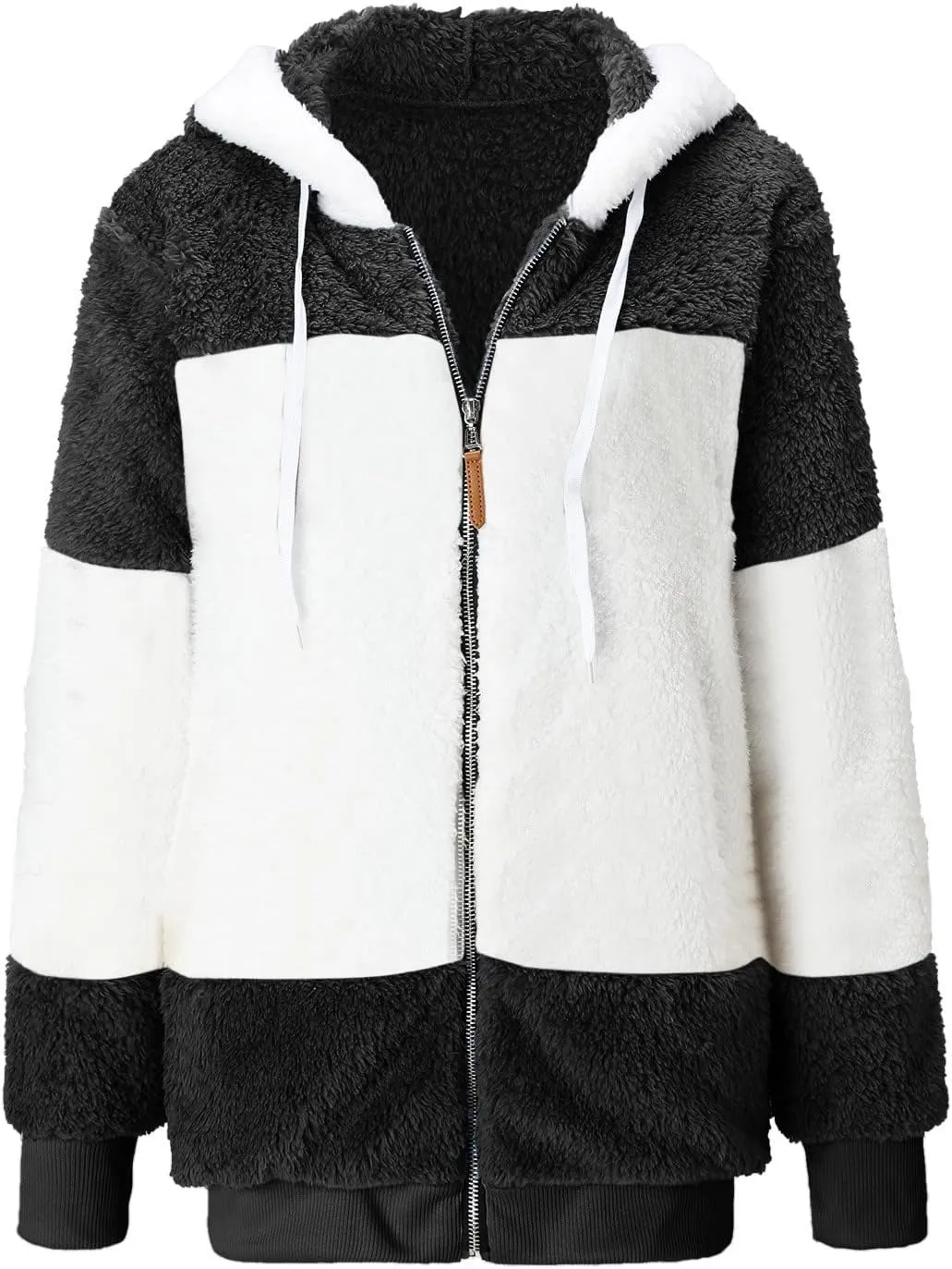 Winter Coats for Women,Fuzzy Fleece Jacket Hooded Color Block Patchwork Cardigan Coats Outerwear with Pockets