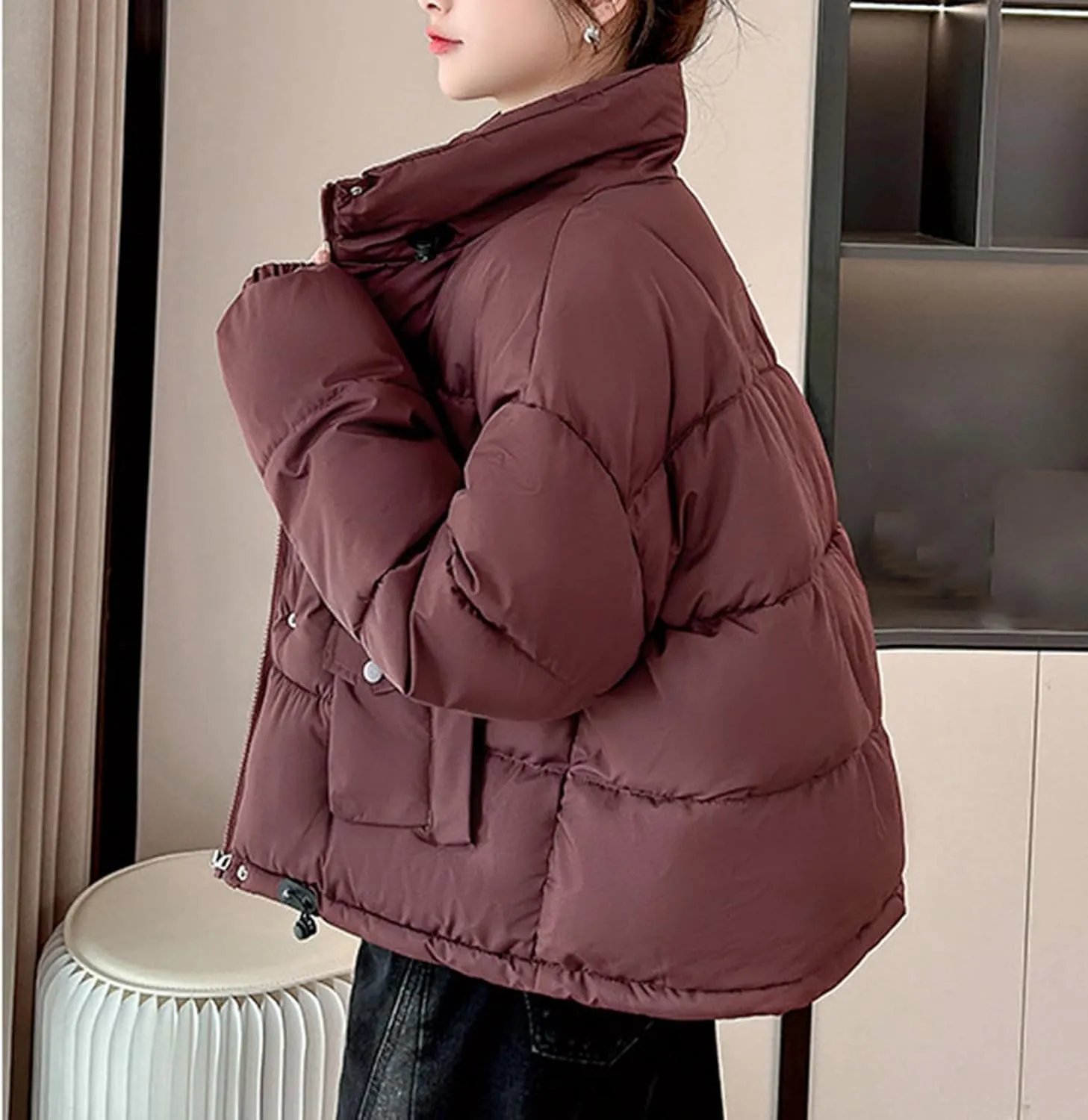 Winter Cropped Puffer Coat Women Stand Collar Slim Fit Thermal Short Overcoat 2024 Fashion Solid Color Warm Down Coat