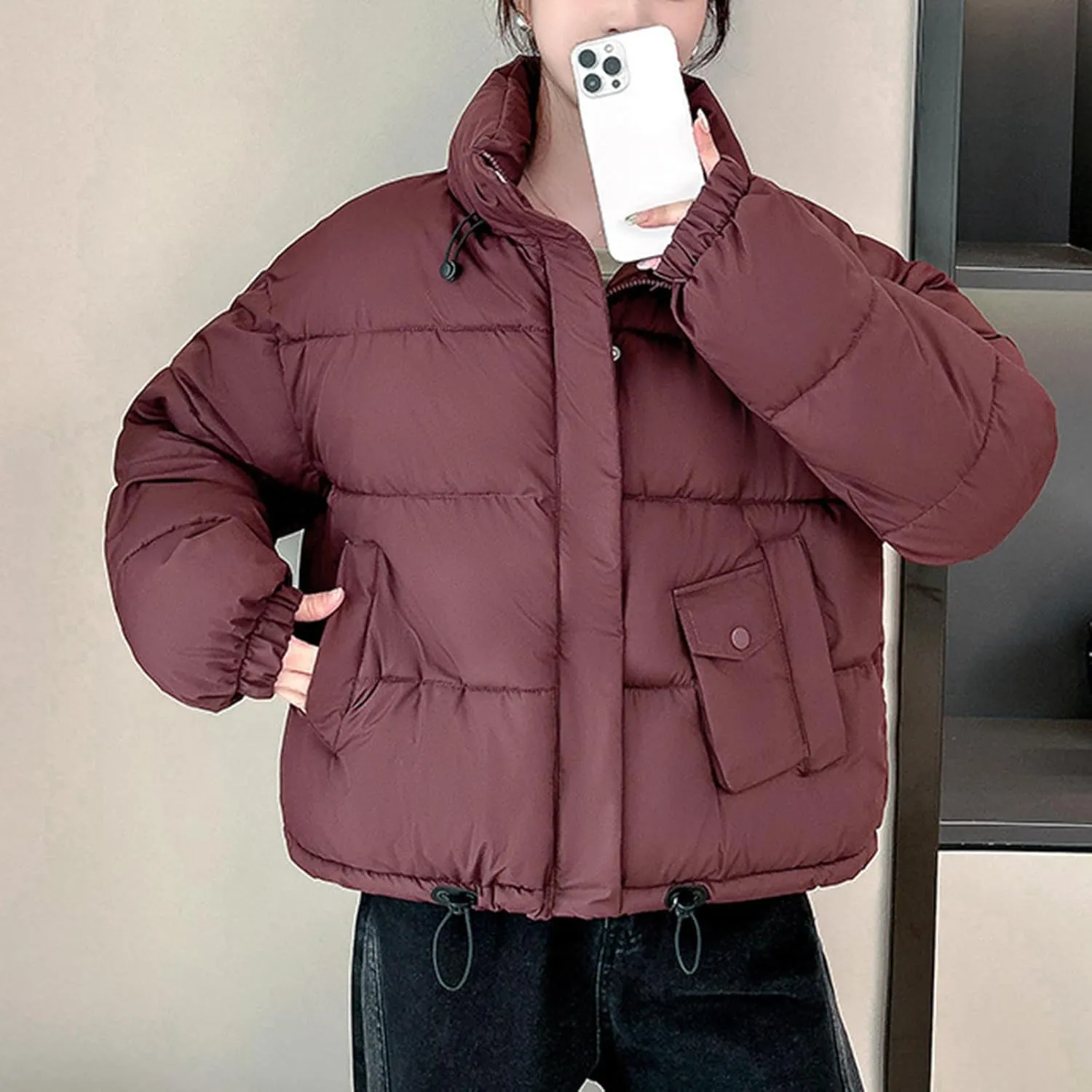 Winter Cropped Puffer Coat Women Stand Collar Slim Fit Thermal Short Overcoat 2024 Fashion Solid Color Warm Down Coat