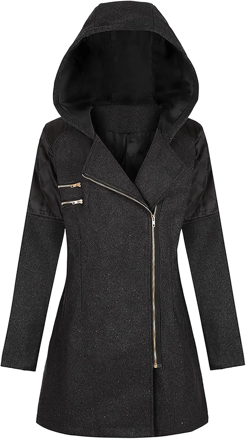 Winter Trench Coat Women Lapel Double Breasted Wool Blend Pea Coats Fashion Plaid Hooded Long Jacket with Belted