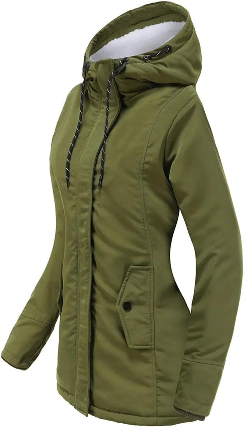 Wkishenl Winter Coats for Women 2024 Warm Sherpa Fleece Lined Jackets Solid Long Sleeve Puffer Jacket Zipper Hooded Outwear